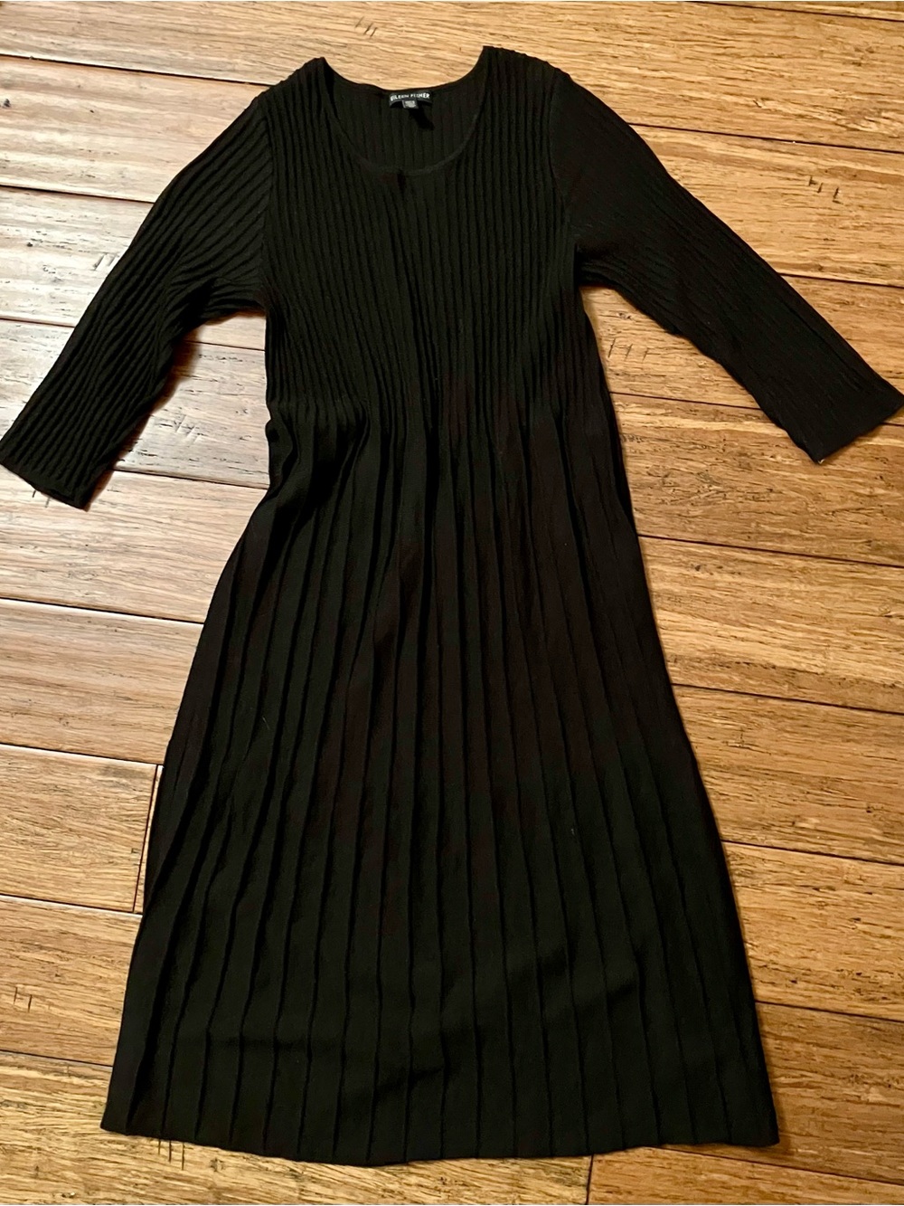 Eileen Fisher Black Ribbed Pleated Midi Dress